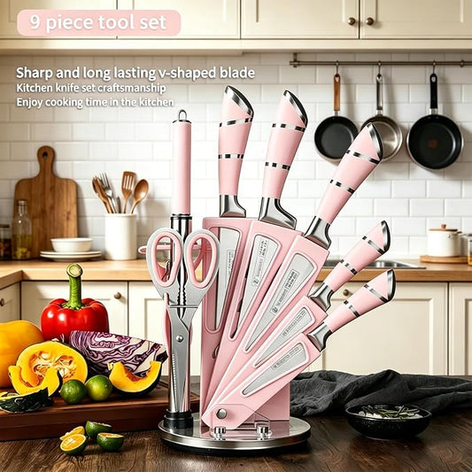 Pink Kitchen Knife Set, 9-Piece - Non-Stick, Sharp, High Carbon Stainless Steel Knives with Acrylic Block - Perfect for Meat Slicing, Chopping - Ideal Kitchen Gifts for Women
