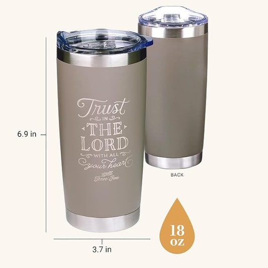 Christian Art Gifts Stainless Steel Double-Wall Vacuum Insulated Travel Mug 18 oz Gray Tumbler with Retractable Lid for Women and Men Bible Verse - Trust in the Lord - Proverbs 3:5