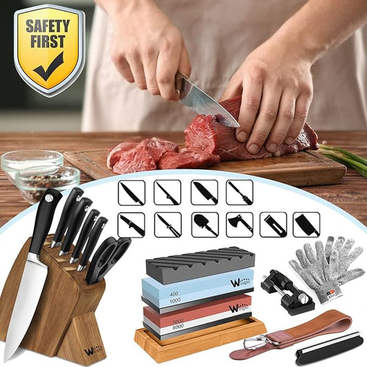 Knife Sharpening Stone Kit – 400/1000 3000/8000 Grit Wet Kitchen Whetstone Knife Sharpener Set with Non-slip Bamboo Rubber Base, Angle Guide, Flattening, Leather Strop and Cut Resistant Gloves