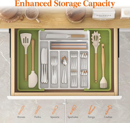 Lifewit Utensil Organizer for Kitchen Drawer, Expandable Cooking Silverware Tray, Adjustable Cutlery Flatware Holder, Plastic Spatula Tools Storage Divider, 13-22.4 x 15", Green&White