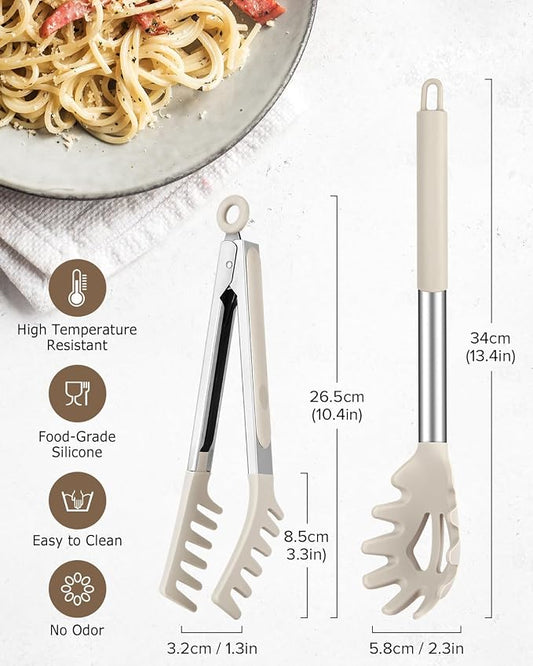 Spaghetti Spoon and Pasta Tong, Non-stick Silicone Spoon Server Fork with teeth and Stainless Steel Handle Spaghetti Tong, Food Clip for Spaghetti Noodle (KHAKI)