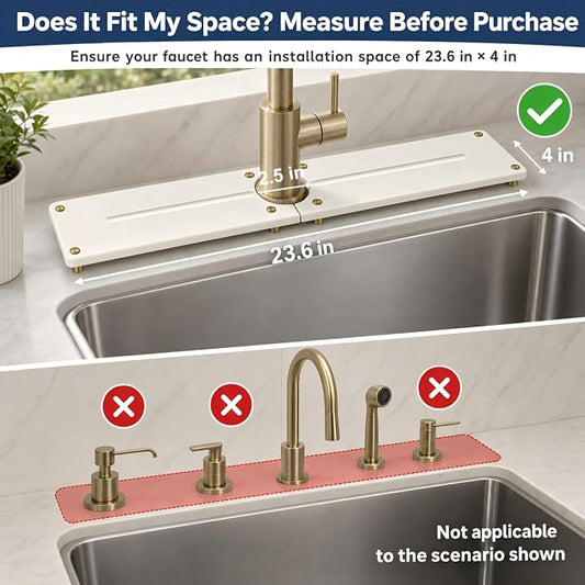 Stone Faucet Mat for Kitchen Sink, Water Absorbing Sink Tray Organizer for Bathroom Counter, Diatomite Soap Dish Coaster Caddy Riser, Sponge Holder Dispenser Mat, Gold White 23.6" x 4"