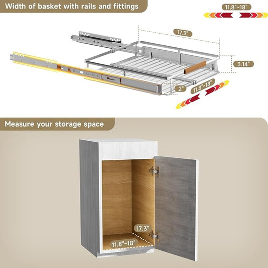 2 Pack Expandable Pull Out Cabinet Organizer,Side Mounting 11.8~18"x17.3"Cabinet Pull Out Shelves, Expandable Slide Out Spice Rack for Cabinet for Kitchen Bathroom Office