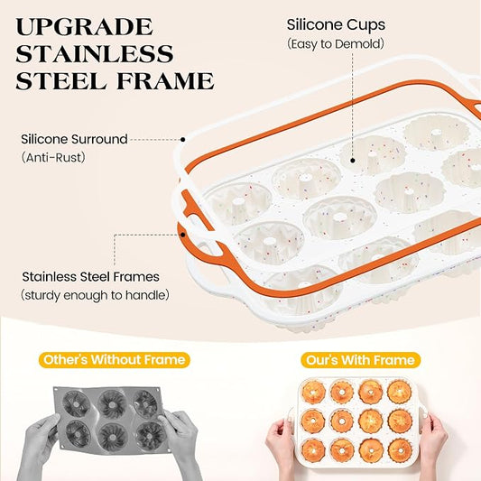 1 Pc Silicone Mini Fluted Tube Cake Pans with Metal Frame, 6-Cavity Non-Stick Moldes De Silicona Para Gelatina, Mini Flan Molds for Cupcake, Donuts, Muffin, Cornbread, Brownie, Jellies (Cream)
