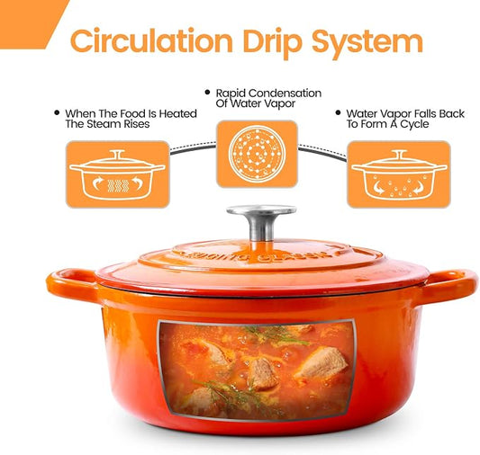 EDGING CASTING Enameled Cast Iron Dutch Oven, 5.5 Quart, Round Cast Dutch Ovens Pot with Lid Dual Handle for Bread Baking, Oven Safe up to 500°F, Orange
