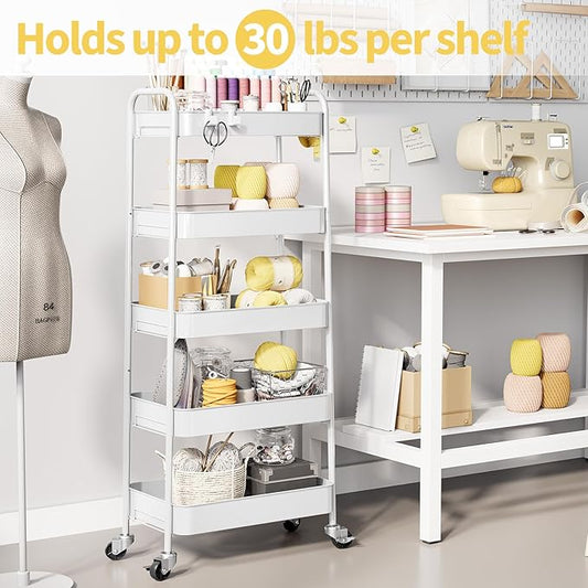 TOOLF 5-Tier Metal Rolling Cart with Wheels, Storage Utility Organizer Cart for Kitchen, Bathroom, Office, Baby Essentials & Makeup - Lockable Casters, Easy Assembly, Large Capacity, White