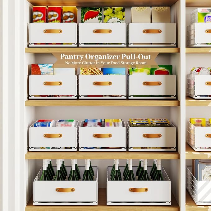 Pull Out Cabinet Organizer, No-Drill Pantry Drawers, Slide Out Shelves with Bamboo Risers for Lipped Cabinets,Ideal for Kitchen, Bathroom & Under Sink Storage (White, 13.8" Wide-21 Deep)