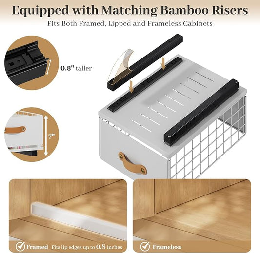 Pull Out Cabinet Organizer, No-Drill Pantry Drawers, Slide Out Shelves with Bamboo Risers for Lipped Cabinets,Ideal for Kitchen, Bathroom & Under Sink Storage (White, 9.8" Wide-15.7" Deep)