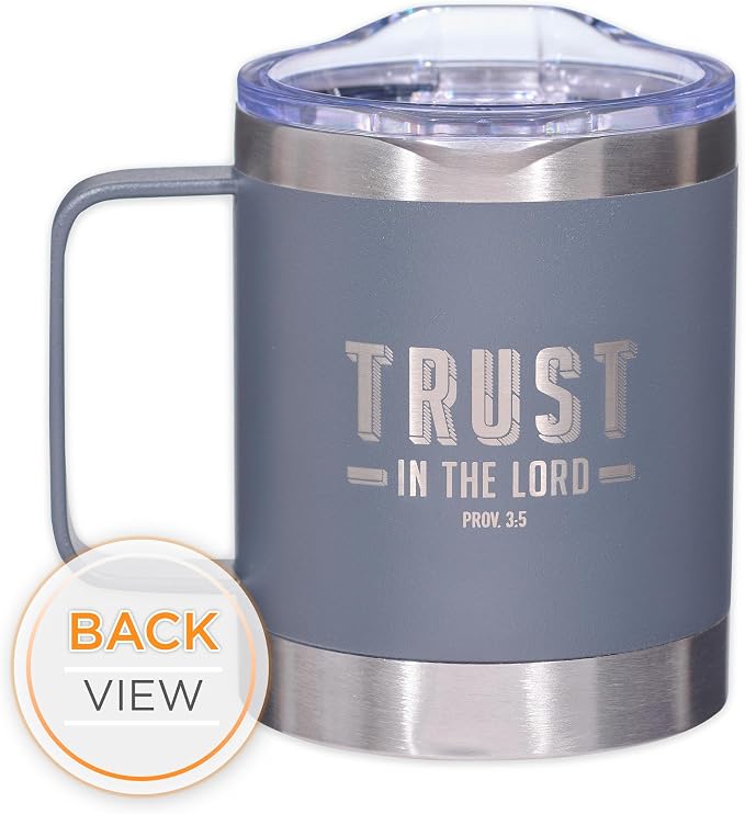 Christian Art Gifts Stainless Steel Double Wall Vacuum Insulated Camp Style Travel Mug 11 oz Gray Coffee Mug with Retractable Lid for Men/Women with Bible Verse- Trust In The Lord-Proverbs 3:5
