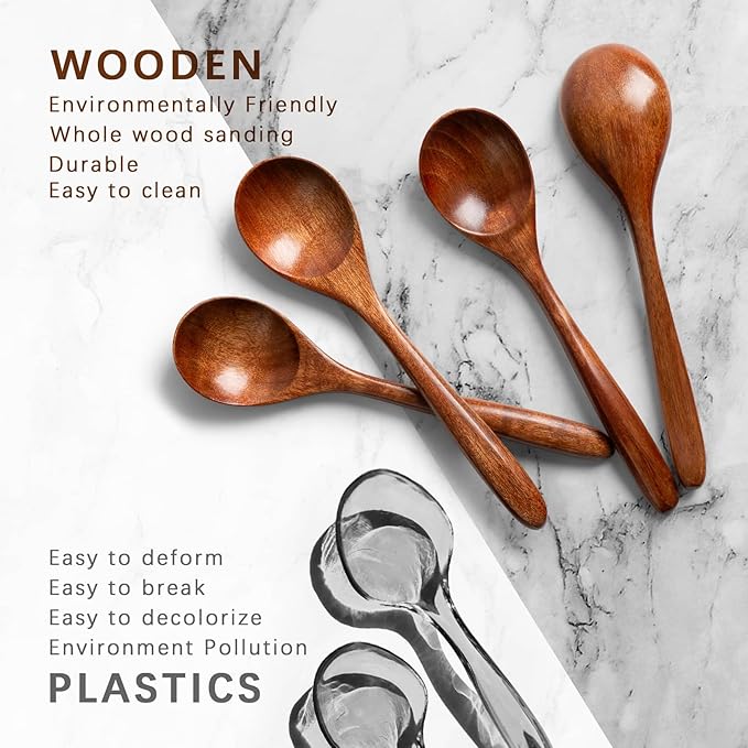 4 PCS Wooden Spoons for Honey, 6.7 inch Small Wooden Spoons - Terrific for Tea, Coffee & Soup, Little Wood Serving Table Spoon Set, Bulk Bamboo Teaspoon for Eating with Unique Design