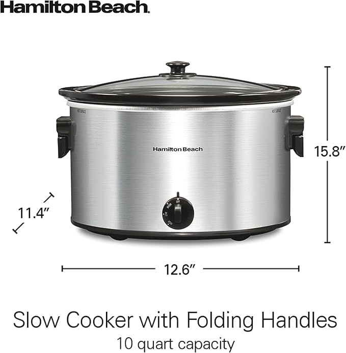 Hamilton Beach 10 Quart Slow Cooker with Folding Handles, Extra-Large Capacity, Serves 12+, Silver with Black Accents, R33190 (Renewed)