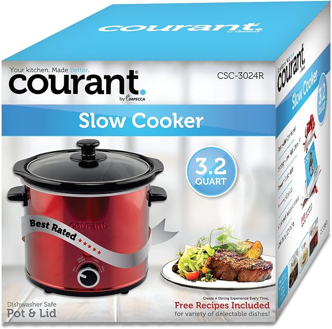 Courant 3.2 Quart Slow Cooker - Red, Removable Ceramic Insert & Glass Lid With Three Temperature Settings