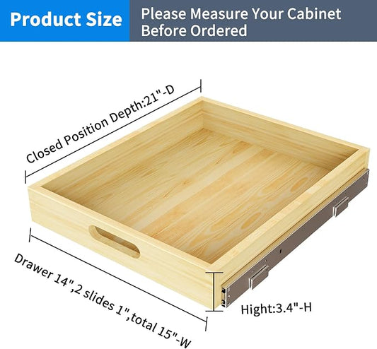 2 Set Pull Out Cabinet Organizer, Soft Close Slide Out Wood Drawer Storage Shelves for Kitchen, Base Cabinet Organization for Pantry, Finished, Heavy-Duty, Bottom Assembly (15โ W x 21โ D)