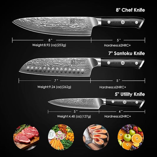 KEEMAKE Damascus Kitchen Knife Set, 3 PCS Japanese Knife Sets with Full Tang Ergonomic Handle, 67 Layers Damascus Chef Knives, Gift Box for Men Husband