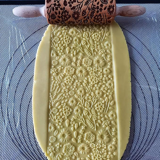 Embossed Rolling Pin for Baking, Wooden Decorative Embossing Cookie Roller for Kitchen(Type A02)