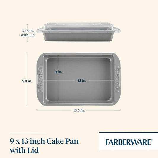 Farberware Nonstick Bakeware Rectangular Cake Pan with Lid, Cake Pans For Baking, 9-Inch x 13-Inch, Gray