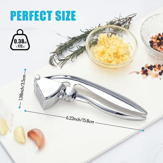 Garlic Press, Premium Metal Garlic Mincer Tool, Heavy Duty Garlic Crusher with Ergonomic Handle, Rust Proof & Dishwasher Safe, Easy to Squeeze and Clean -Silver