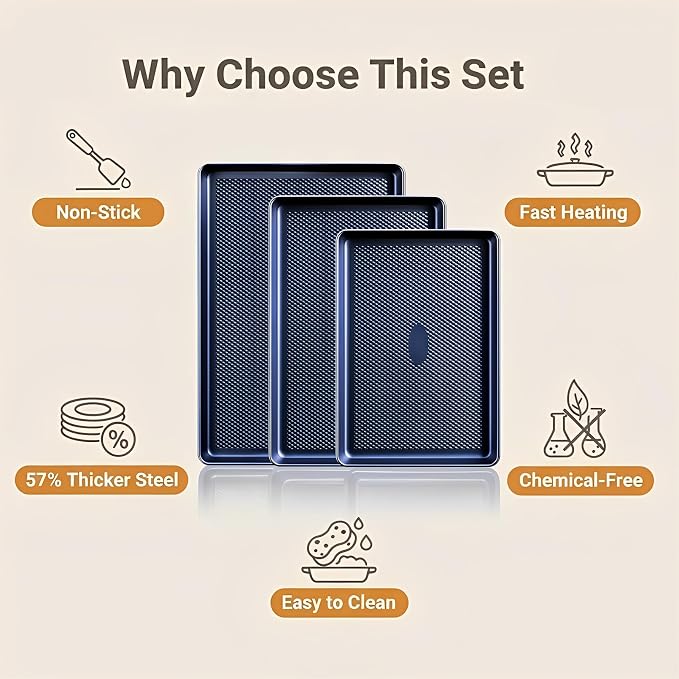SAKER 3 Pack Nonstick Baking Sheet Set, Carbon Steel Cookie Pan with Cooling Rack, Even Heat Distribution & Warp-Resistant for Oven Baking, Roasting & Cooking (Blue)
