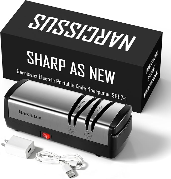 Narcissus Knife Sharpener, Protable Diamond Electric Knife Sharpener for Stainless Steel and Ceramic Knives, with Scissors Sharpener & Metal Dust Collection Box, Quick Sharpening & Polishing, Silver