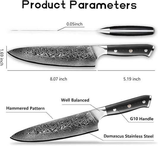 Chef Knife 8 inch -Japanese VG10 Steel 67 Layer Damascus Chef Knife-Razor Sharp Kitchen Knife Ergonomic G10 Handle with Sheath