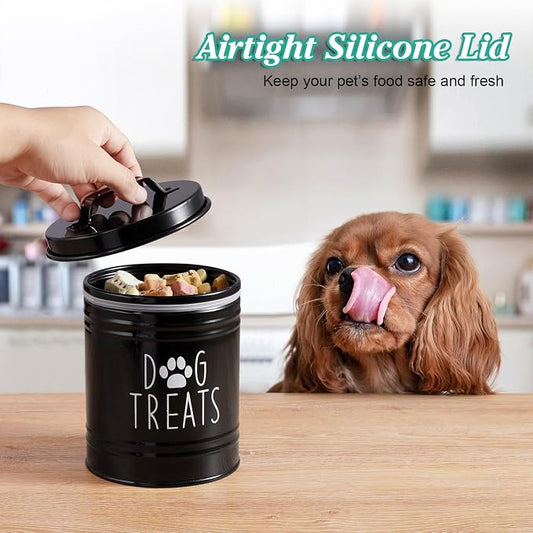 OUTNILI Small Dog Treat Container Airtight - 6" Tall X 4.9" Round Black Dog Treat Jar for Kitchen Counter - Rustic Treat Storage Canister for Dogs, Cats, Small Animals - Gifts for Pet Owners