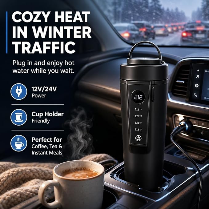 Travel Electric Car Kettle 12V/24V Dual Voltage, Protable Car Electric Kettle for Road Trips, Mini Protable Water Boiler 4 Temp Control for Boiling Water & Brewing Coffee Tea Milk, 400ml(Black)