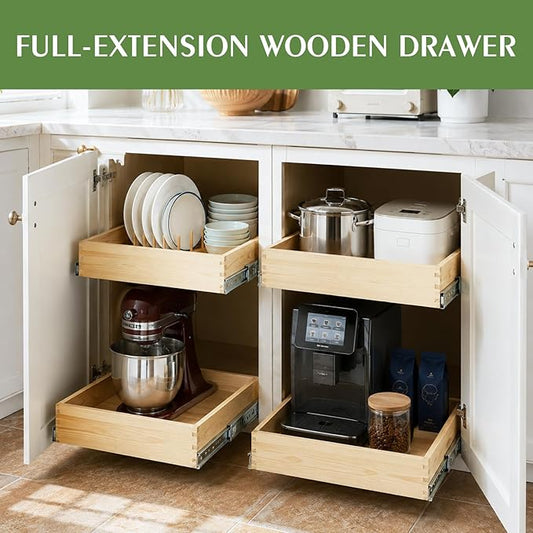 Wooden Pull Out Cabinet Organizer for Kitchen Fully Assembled 18" W x 21" D x 3" H Solid Wood Drawer with Soft Close Slides Bottom or Side Mount for Pantry Bathroom Bedroom Dining Room Storage