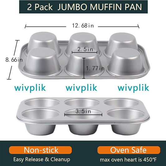Nonstick jumbo Muffin Pans 6 Cups,2 Pack Extra Large Cupcake Tins for Baking,Premmium Non-stick Coating for Non-Toxic,Heavy Duty Carbon Steel, 3.5 dia,Deep Muffin Tray
