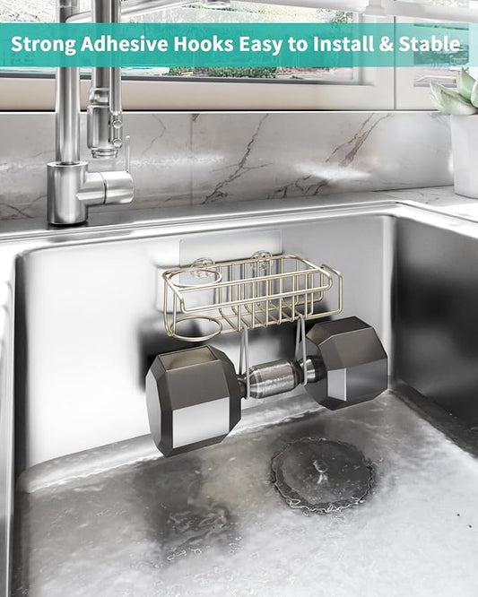 HapiRm Sink Caddy Sponge Holder - No Drill Sponge Holder for Kitchen Sink, Rustproof and Waterproof Kitchen Organizer - Brushed Nickel(8.65 * 3.54 * 2.36 in)