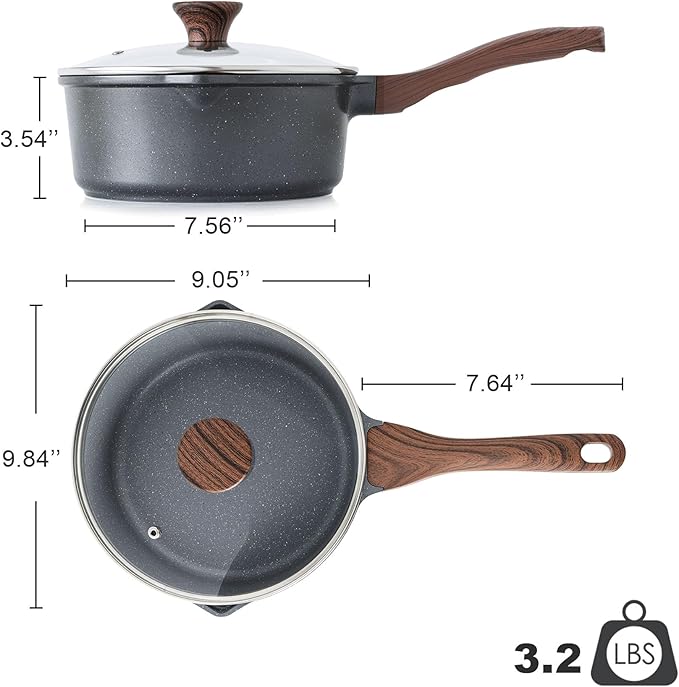 SENSARTE Nonstick Sauce Pan with Double Spout, 3.0 Quarts Swiss Granite Coating Sauce Pot with Lid Medium Kitchen Cooking Pot, Induction Compatible Saucepan, Free of Intentionally Added PFOA