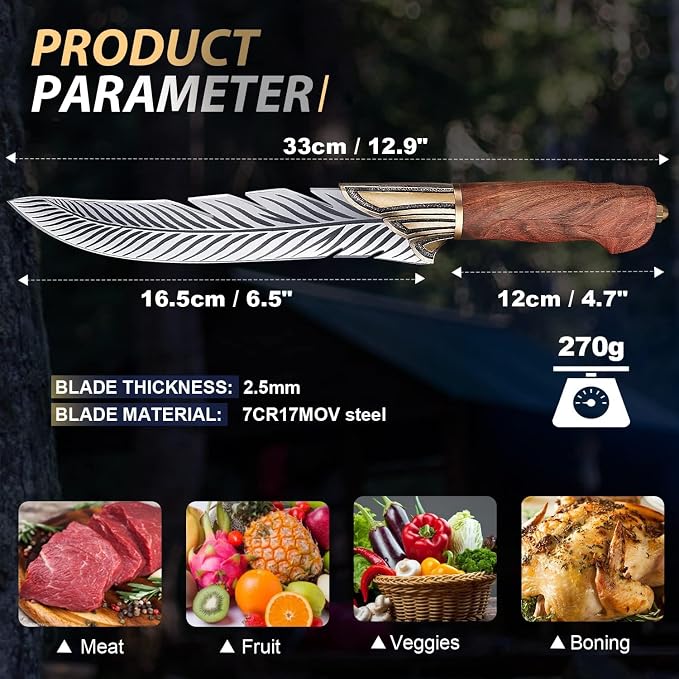 Dream Reach Feather Knife, 6.5" Hand - Forged High Carbon Steel Viking Boning Knife with Sheath, Ideal for Kitchen and Outdoor Activities, Gifts for Men Women