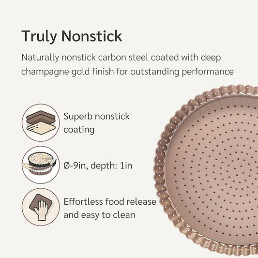 HAPPIELS 9in Tart Pan with Removable Bottom Nonstick, PFOA & BPA Free | Non Toxic Fluted Pie & Quiche Tin | Best Perforated Non Stick Nontoxic 9in Molds with Holes for Oven Baking