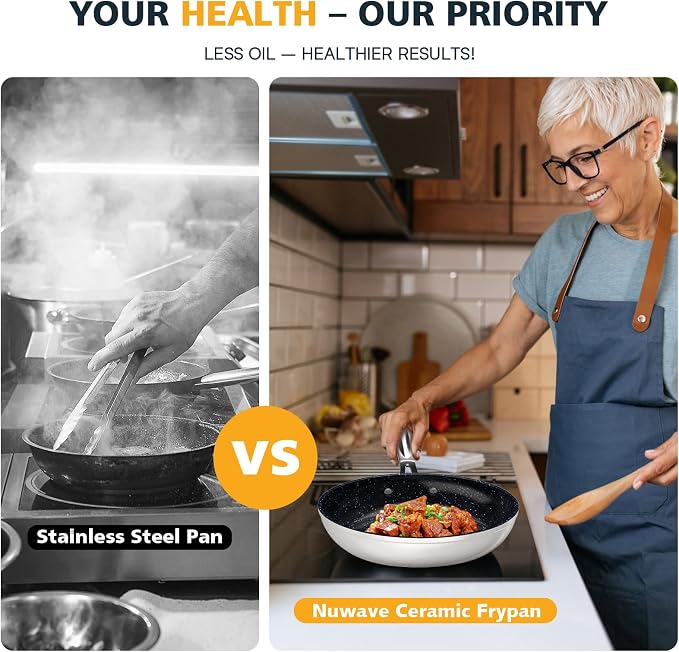 Nuwave 3-Piece 8”, 10”, 12” Forged Lightweight Frying Pan Set, G10 Healthy Duralon Blue Ceramic Ultra Non-Stick, Ergonomic Stay-Cool Handles, Induction-Ready & Works on All Cooktops