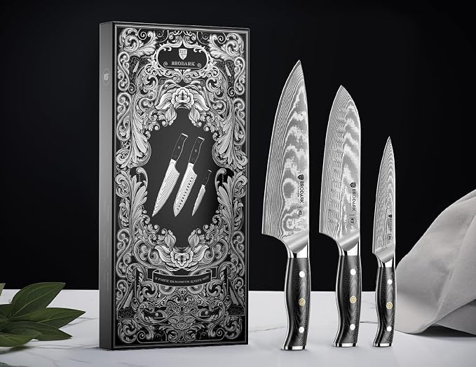 Damascus Knife Set 3 PCS with Premium VG10 Damascus Steel, Ultra-Sharp Professional Japanese Kitchen Knife Set, Full Tang Chef Knife Set with G10 Hand