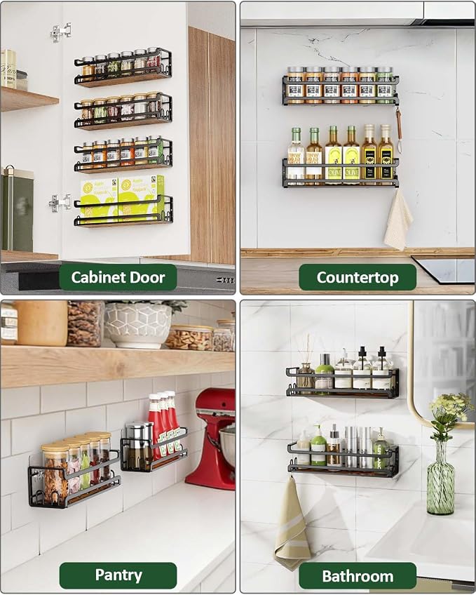 Doakhirmit Wall Mounted Spice Rack with 16 Hooks, Rustic Wood Spice Organizer Shelf for Stove Cabinet Pantry Door,Screw or Adhesive Hanging Spice Shelf,Wall Spice Rack in Kitchen and RV,2 Pack
