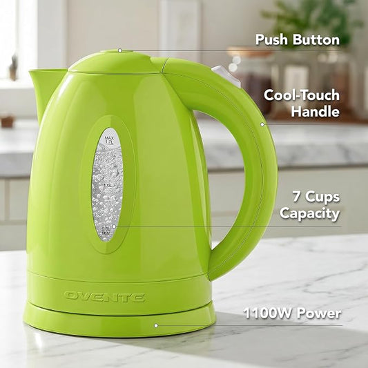 OVENTE Electric Kettle, 1.7L Fast Boiling Water Heater for Coffee or Tea, BPA Free with Water Level Gauge, Auto Shut-Off, Boil-Dry Protection, Indicator Light and Removable Filter, Green KP72G