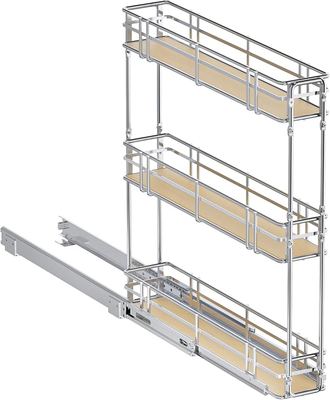 5" W x 20.5" D 3-Tier Pull Out Spice Rack Organizer, Solid Wood Base Slide Out Cabinet Shelf for Narrow Kitchen Cabinets, Chrome Pantry Storage