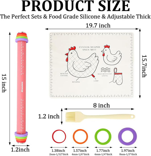 3 Pcs Adjustable Rolling Pin Set with Thickness Rings,15 Inch Silicone Rolling Pin for Dough,Non Stick Baking Roller for Cookies, Pizza, Pie Crust, Pastry, Fondant, Pasta, Kitchen Baking Tool