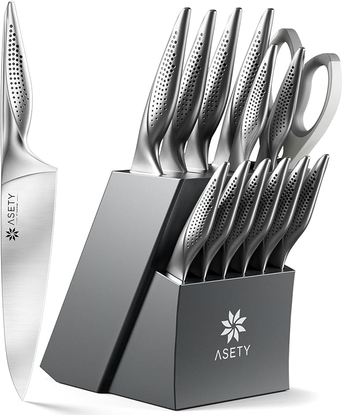 ASETY Knife Set - Ultra Sharp Knives Set for Kitchen with block, 15 PCS Stainless Steel Knife Set with Built-in Sharpener, Ergonomic Non-Slip Handle, Elegant Box for Men Women, Fathers day