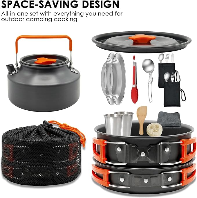 18Pcs Camping Cookware Mess Kit, Non-Stick Lightweight Camping Pots and Pans with 1.1L Kettle, 2 Set Stainless Steel Cups Plates Forks Knives Spoons for Backpacking, Hiking, Outdoor Cooking