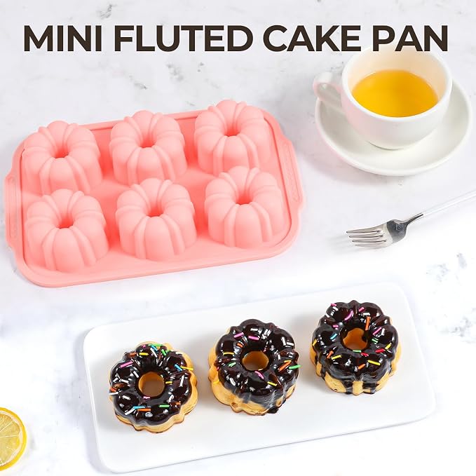 FUNBAKY 3 Inch Mini Fluted Tube Cake Pans for Baking with Metal Reinforced Frame, 2Pcs Silicone 6-Cavity Mini Flan Molds, Nonstick Baking Mold for Cupcake, Brownie, Donuts, Cornbread, Jello