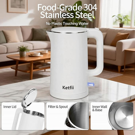 Electric Kettle 1.7L, Seamless Inner Pot, Double-Walled Design, BPA-Free, Tea, Coffee & Hot Water Boiler, Dual-Angle Lid Opening, Auto Shut-Off & Boil-Dry Protection, 304 Stainless Steel, 1000W