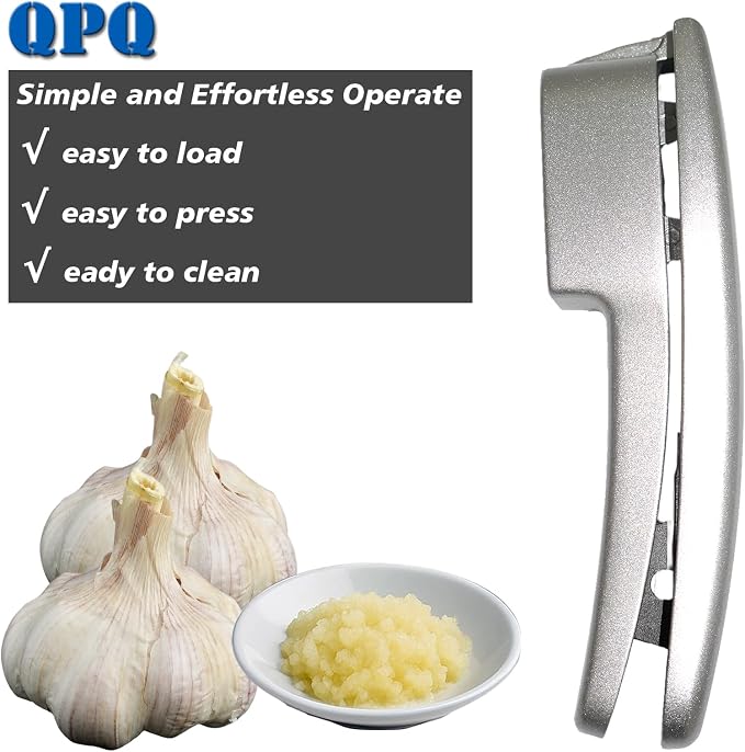2-in-1 Professional Garlic Press and Peeler Set, Aluminium Press with Built-in Cleaner, Manual Crusher and Mincer for Unpeeled Garlic Cloves,Fast And Portable Garlic Peeler