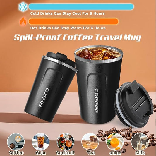 SPLMIFA Travel coffee mugs leak-proof, reusable coffee cups with lids, stainless steel vacuum insulated coffee tumblers, thermal insulation cups for men & women keep drinks hot & cold(2nd-Black, 12OZ)
