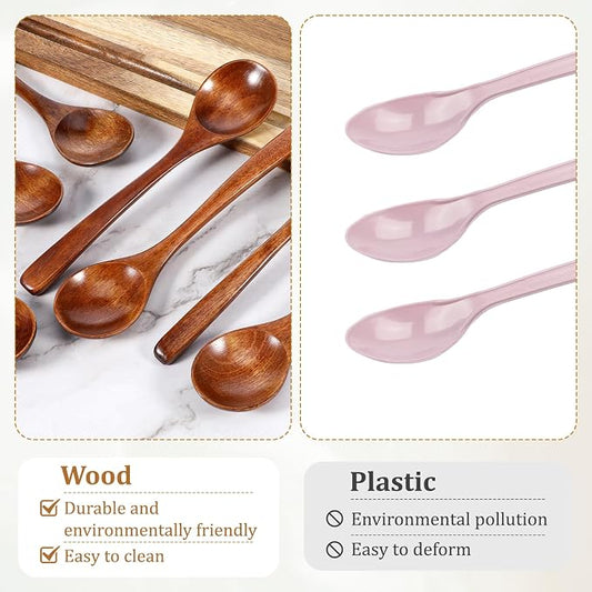 7 Pcs Wooden Spoons for Eating, Wood Table Spoon Set, 7 Inch Wood Soup Spoons, Wooden Honey Spoon for Tea, Teaspoon Utensils for Cooking, Eating, Dessert, Honey, Stirring Coffee