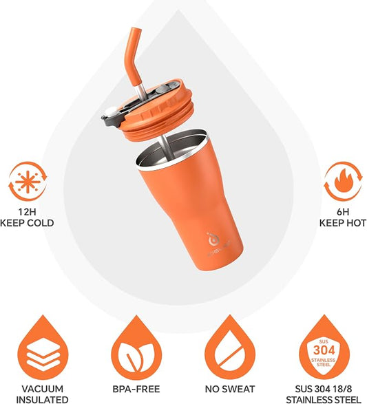 IDEUS Insulated Tumbler With Lid and Straw 14 oz, Stainless Steel Double-Wall Vacuum Leak-Proof Travel Coffee Mug, Cup Holder Friendly, Orange Tiger