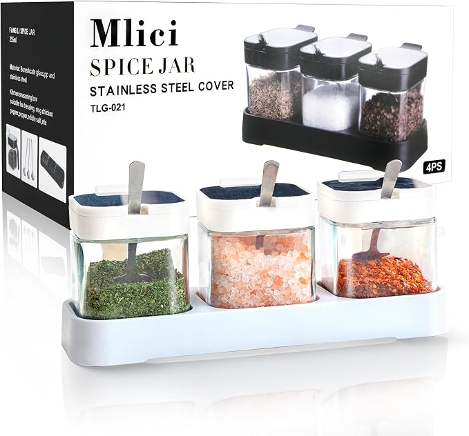 Mlici 8.6 oz Condiments Container Seasoning Jars, Kitchen Spicy Jars with Lids and Spoons, Tea Coffee Sugar Canisters Glass Spice Box, Set of 3, Containers, White