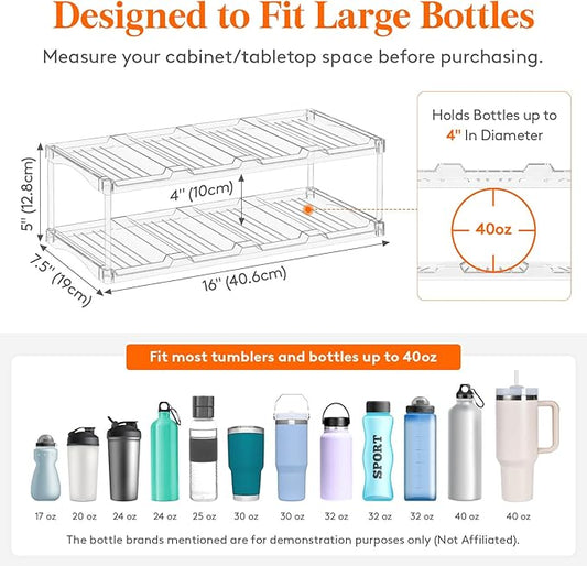 Lifewit Stackable Bottle Storage Organizer, Clear Freestanding Wine Holder for Cabinet, Large Slot Water Bottle Tumbler Cup Organizer for Pantry, Plastic Wine Rack for Fridge Cellar, 2Tier Hold 8