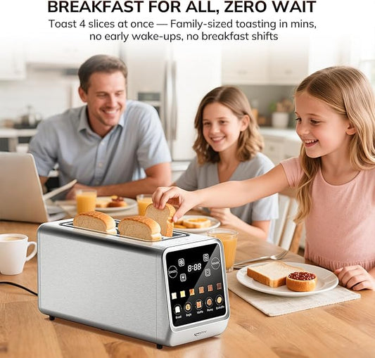 Keenstone 4 Slice Touch Screen Toasters with Wide Slot, 1400W Stainless Steel Smart Toaster for Bagels, Waffles, Muffin - Timer, Defrost, Reheat & Memory Function, Family Breakfast Toaster