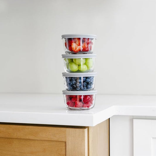 8-Piece Glass Food Storage Containers Set (4 Containers + 4 BPA-Free Lids) | 1-Cup, Leakproof | Microwave, Freezer, Oven & Dishwasher Safe | Ideal for Meal Prep & Pantry Organization, Grey